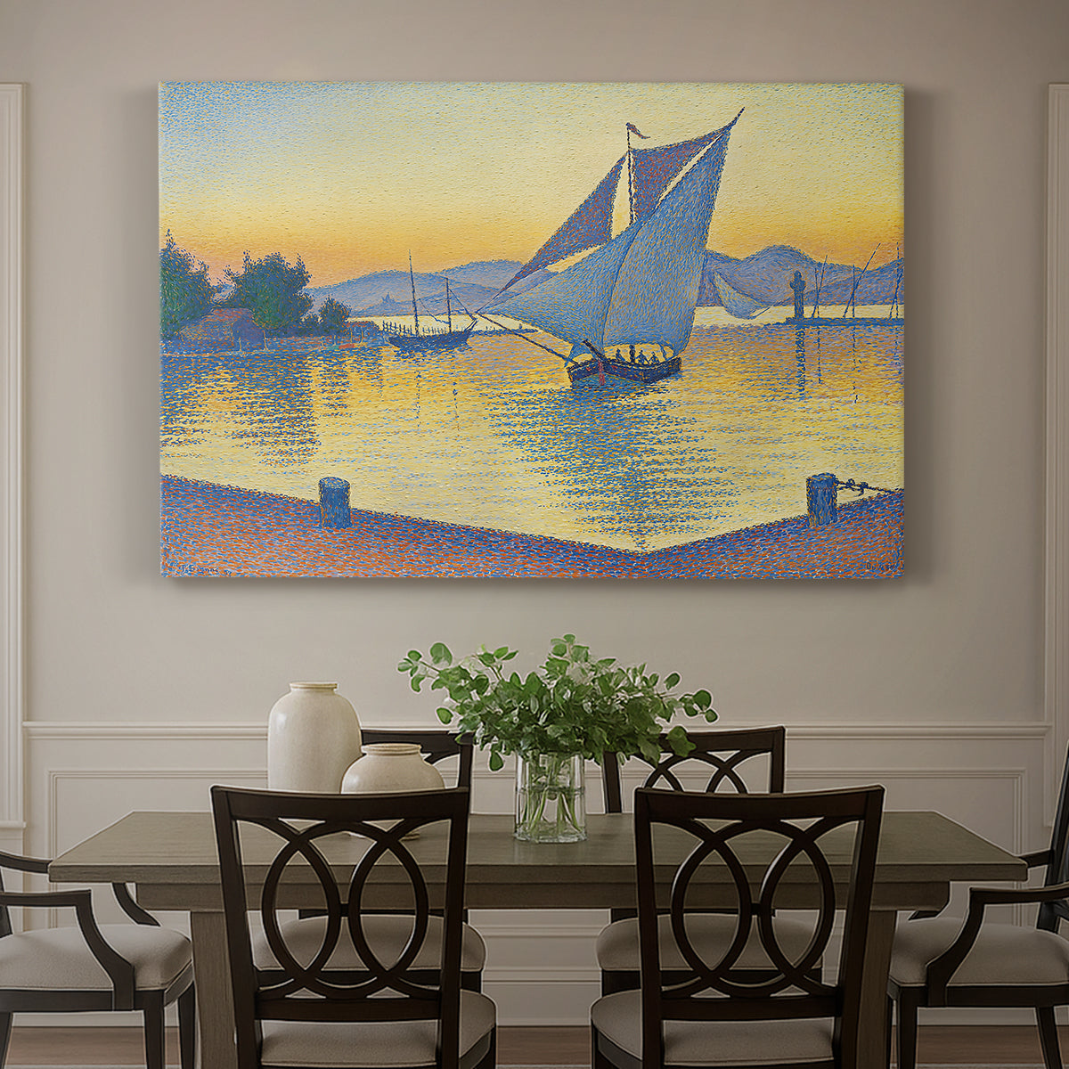 Canvas art print featuring a harbor glowing at sunset with boats in water, showcased as a statement wall artwork