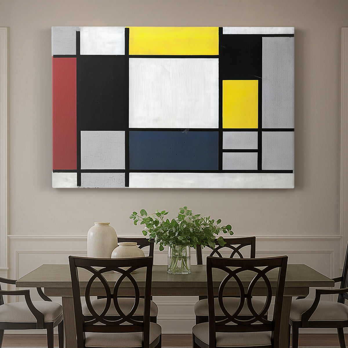 Canvas art print featuring a grid of rectangles with primary colors and black lines, showcased as a statement wall artwork