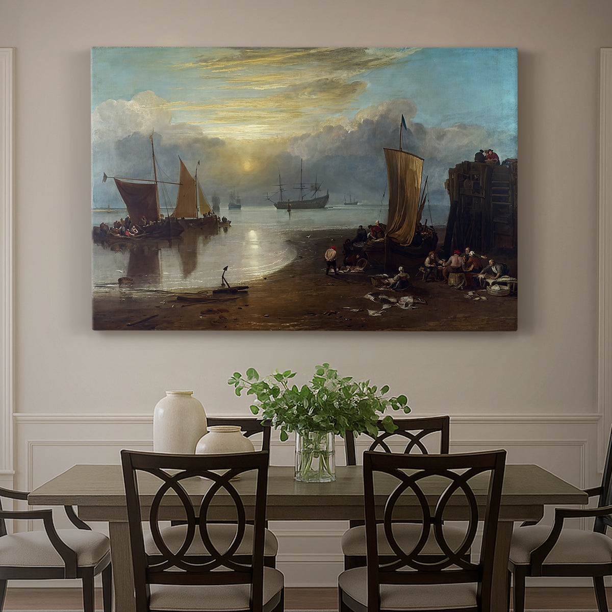 Canvas art print featuring a sunrise over harbor with fishermen working among boats, showcased as a statement wall artwork