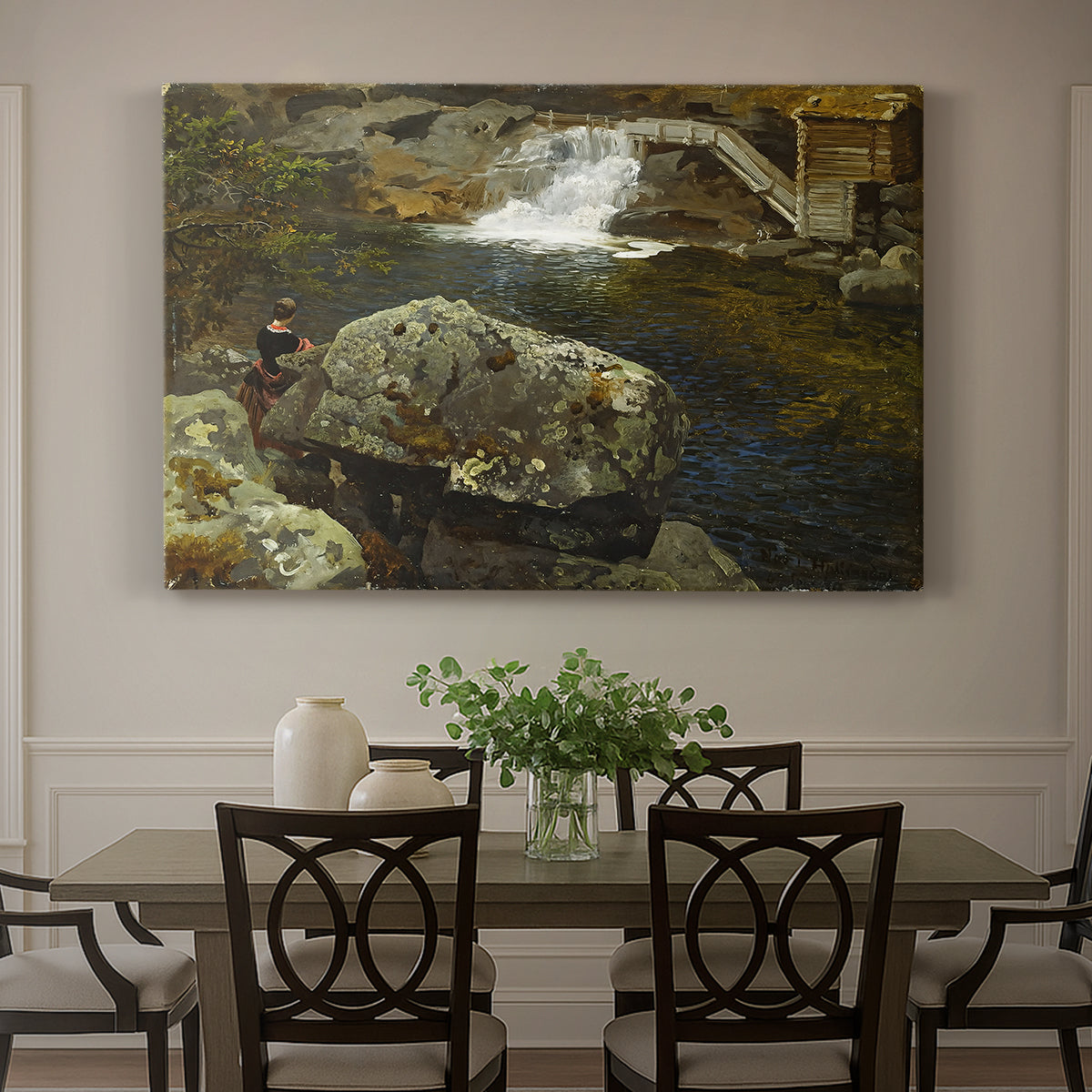 Canvas art print featuring a small pond beside mill surrounded by trees and greenery, showcased as a statement wall artwork