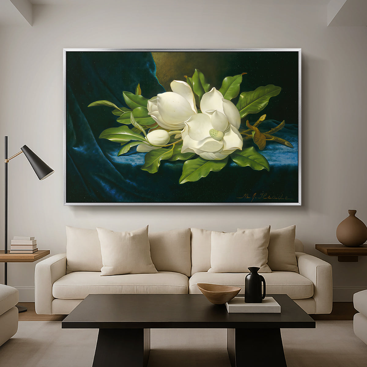 Giant Magnolias on a Blue Velvet Cloth, c. 1890 - Floater Framed Canvas Print