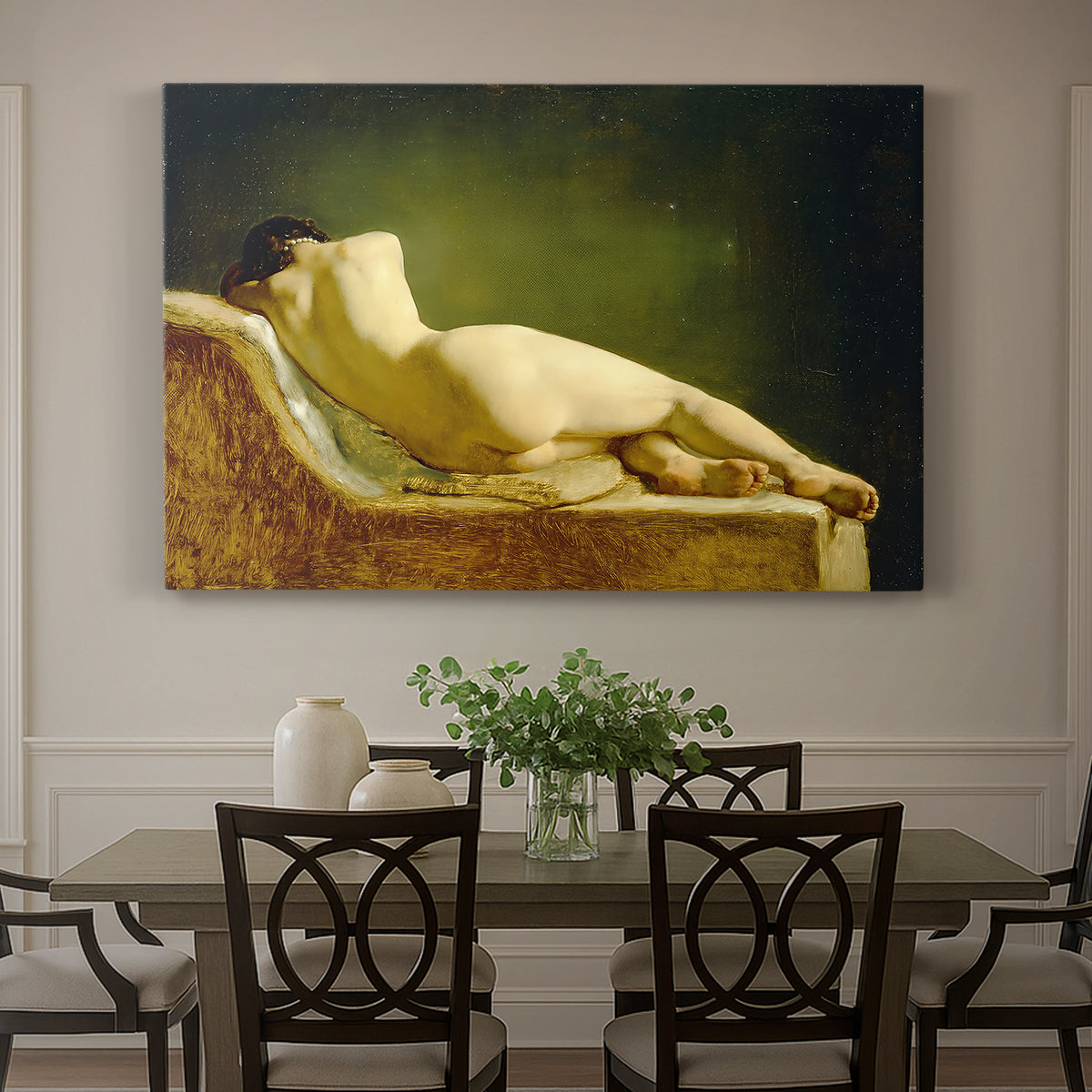 Canvas art print featuring a nude figure lying on couch in relaxed pose within interior setting, showcased as a statement wall artwork