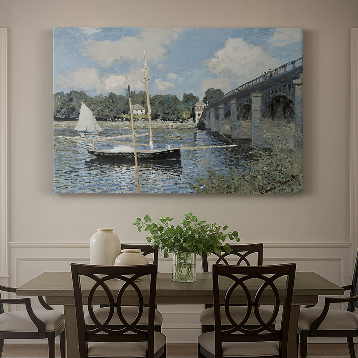 Canvas art print featuring a bridge spanning river with sailboats and reflections in bright daylight, showcased as a statement wall artwork