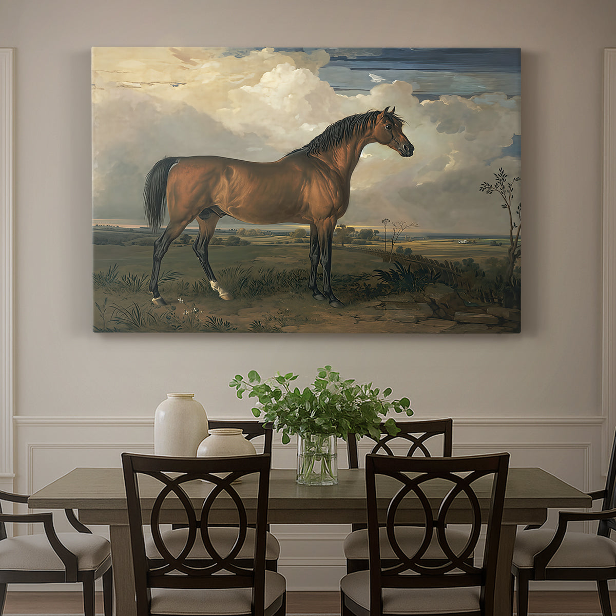 Canvas art print featuring a horse standing prominently in open landscape with strong posture, showcased as a statement wall artwork