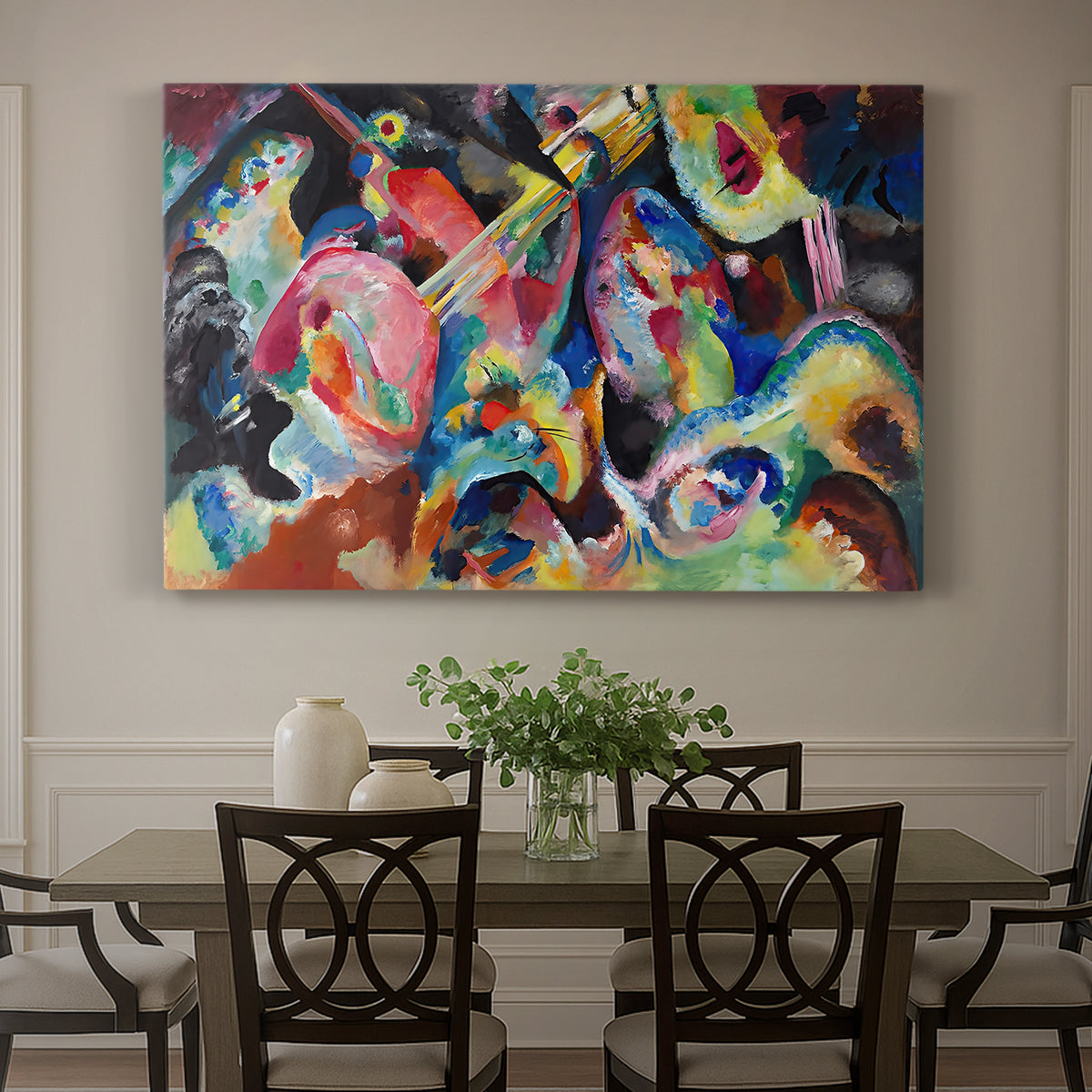 Canvas art print featuring a chaotic abstract composition with dense overlapping colors and forms suggesting turbulent motion, showcased as a statement wall artwork