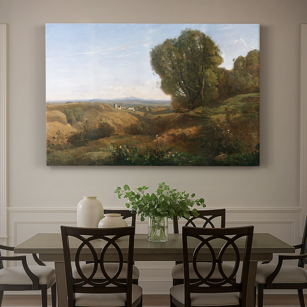Canvas art print featuring a peaceful landscape with trees and distant horizon under soft light, showcased as a statement wall artwork