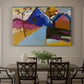 Canvas art print featuring a simplified street scene with buildings and landscape rendered in bold color blocks, showcased as a statement wall artwork
