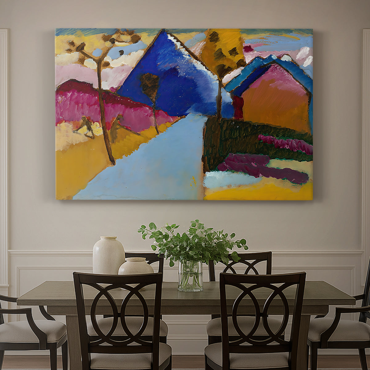 Canvas art print featuring a simplified street scene with buildings and landscape rendered in bold color blocks, showcased as a statement wall artwork