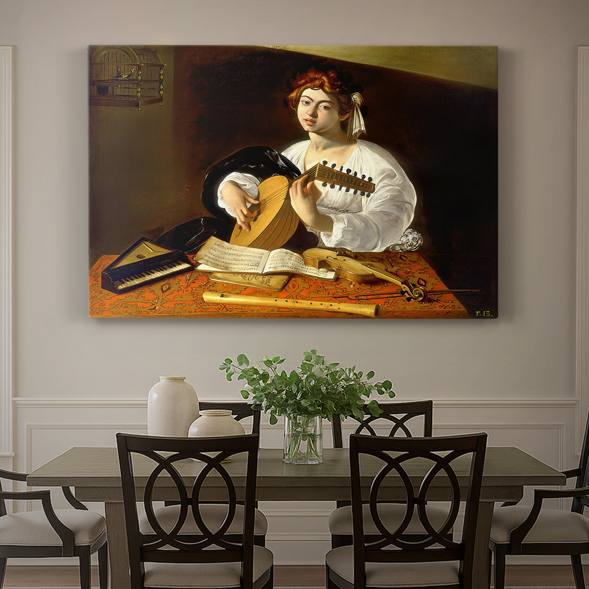 Canvas art print featuring a young man playing lute surrounded by sheet music and still life objects, showcased as a statement wall artwork