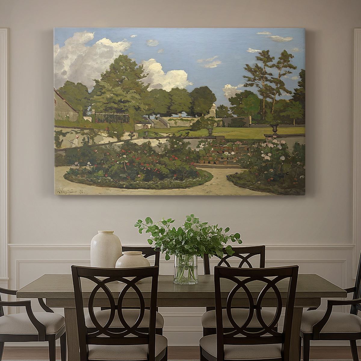 Canvas art print featuring a landscaped garden with trees, water, and open sky in peaceful setting, showcased as a statement wall artwork