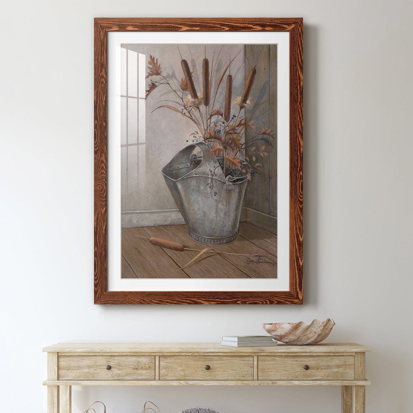 Berries & Cat Tails - Premium Framed Print - Distressed Barnwood Frame - Ready to Hang