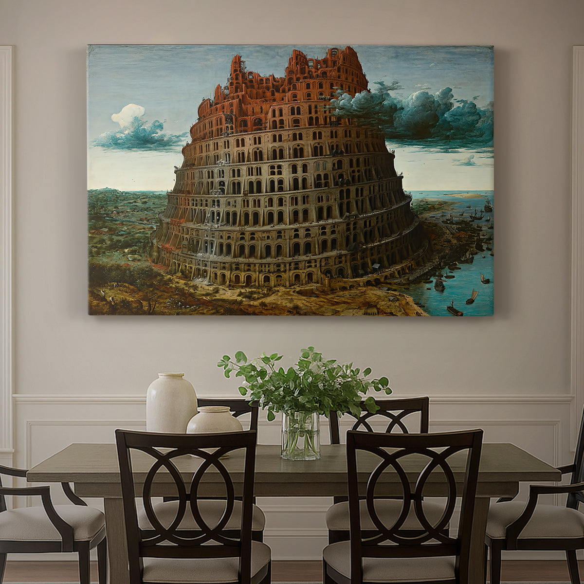 Canvas art print featuring a massive tower under construction rising above landscape, showcased as a statement wall artwork