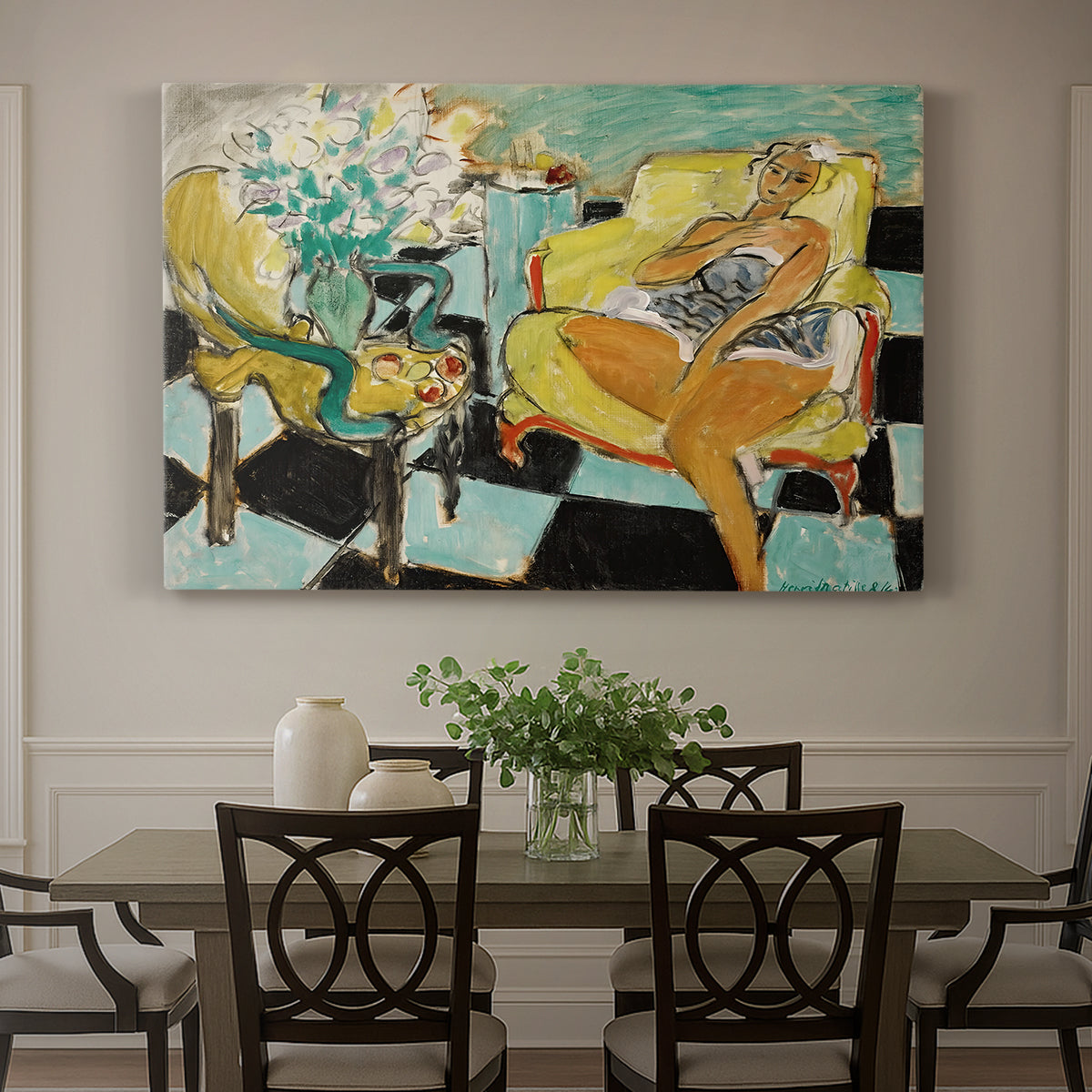Canvas art print featuring a seated woman posed with a flower in a bright interior, showcased as a statement wall artwork