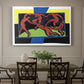 Canvas art print featuring a group of figures holding hands dancing in circular motion against bold background, showcased as a statement wall artwork