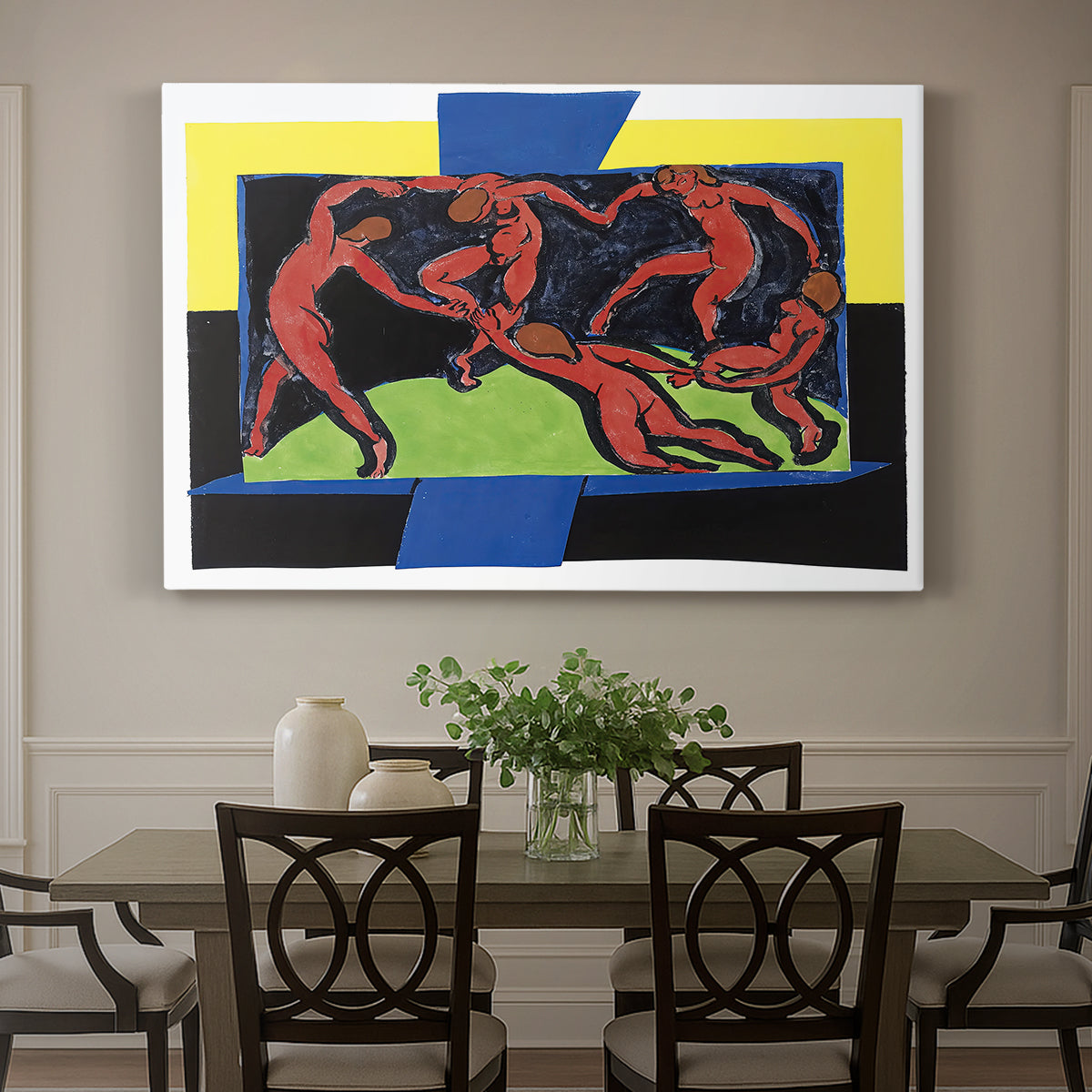 Canvas art print featuring a group of figures holding hands dancing in circular motion against bold background, showcased as a statement wall artwork