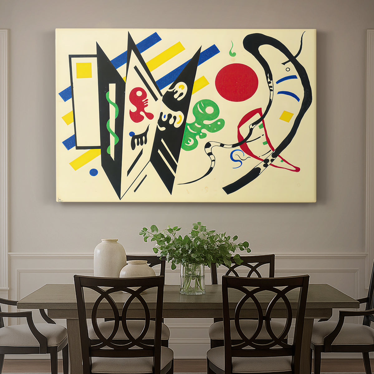 Canvas art print featuring an abstract composition of geometric shapes and lines arranged in balanced layout, showcased as a statement wall artwork