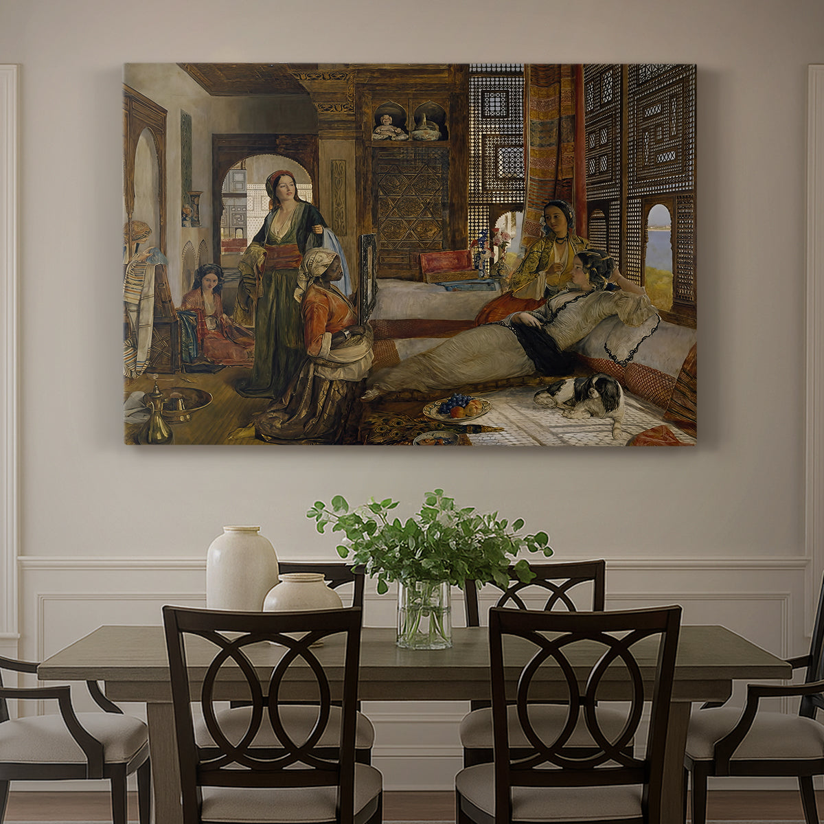 Canvas art print featuring an interior scene with seated figures in richly decorated room, showcased as a statement wall artwork