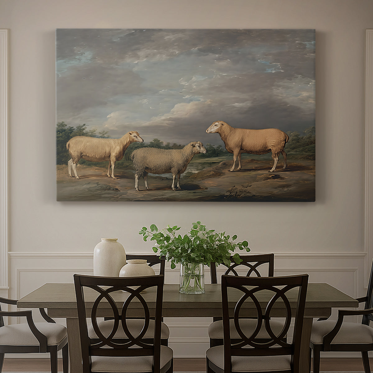 Canvas art print featuring a group of sheep standing together in open pasture, showcased as a statement wall artwork