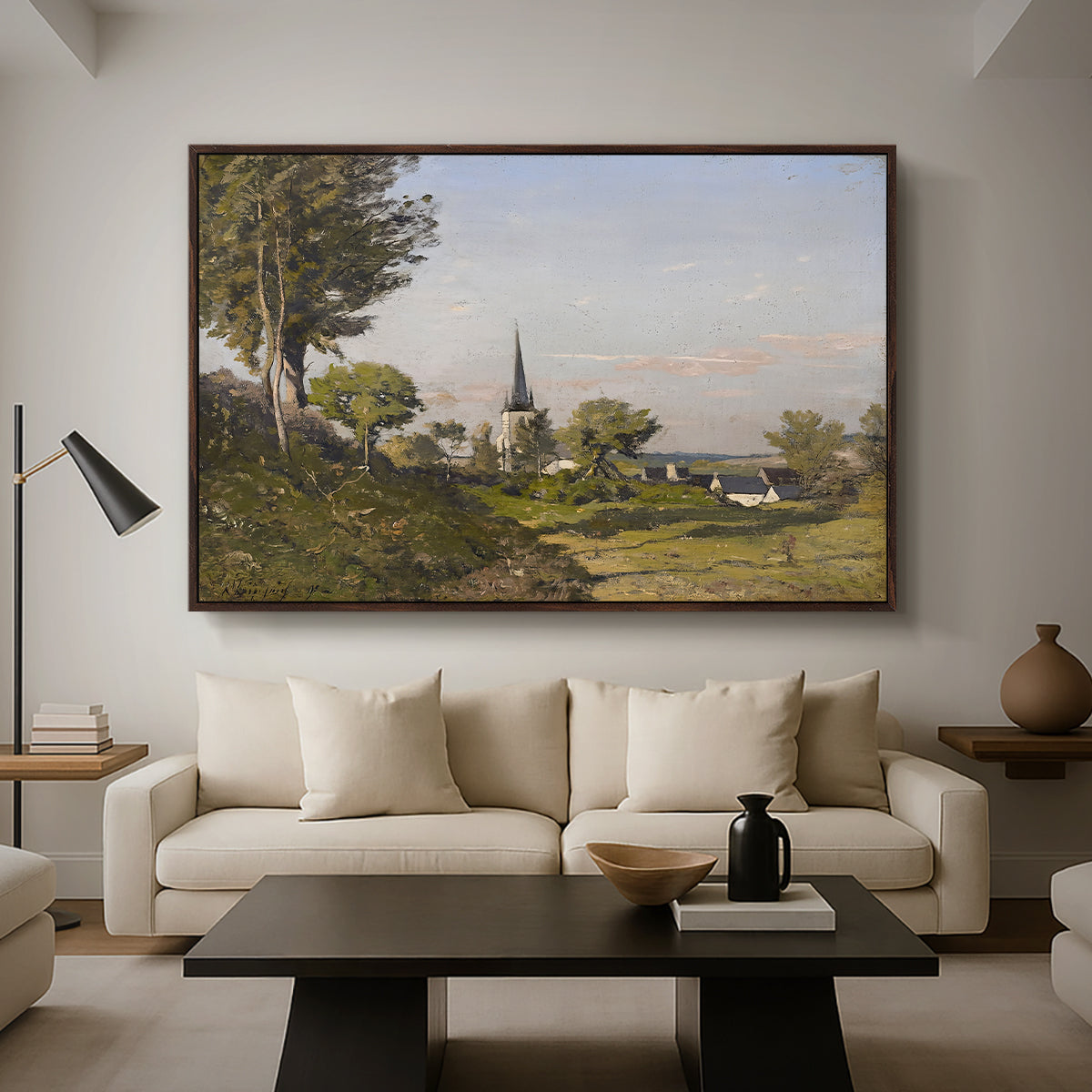 Village Landscape with Church, 1891 - Floater Framed Canvas Print