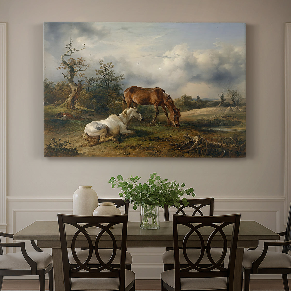 Canvas art print featuring two horses grazing in open pasture, showcased as a statement wall artwork