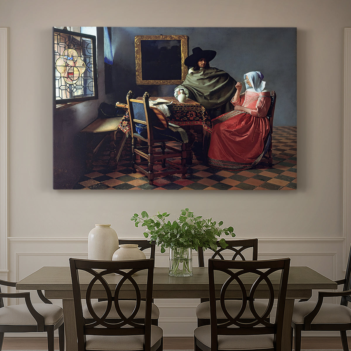 Canvas art print featuring a woman seated at table with man offering glass of wine in interior, showcased as a statement wall artwork
