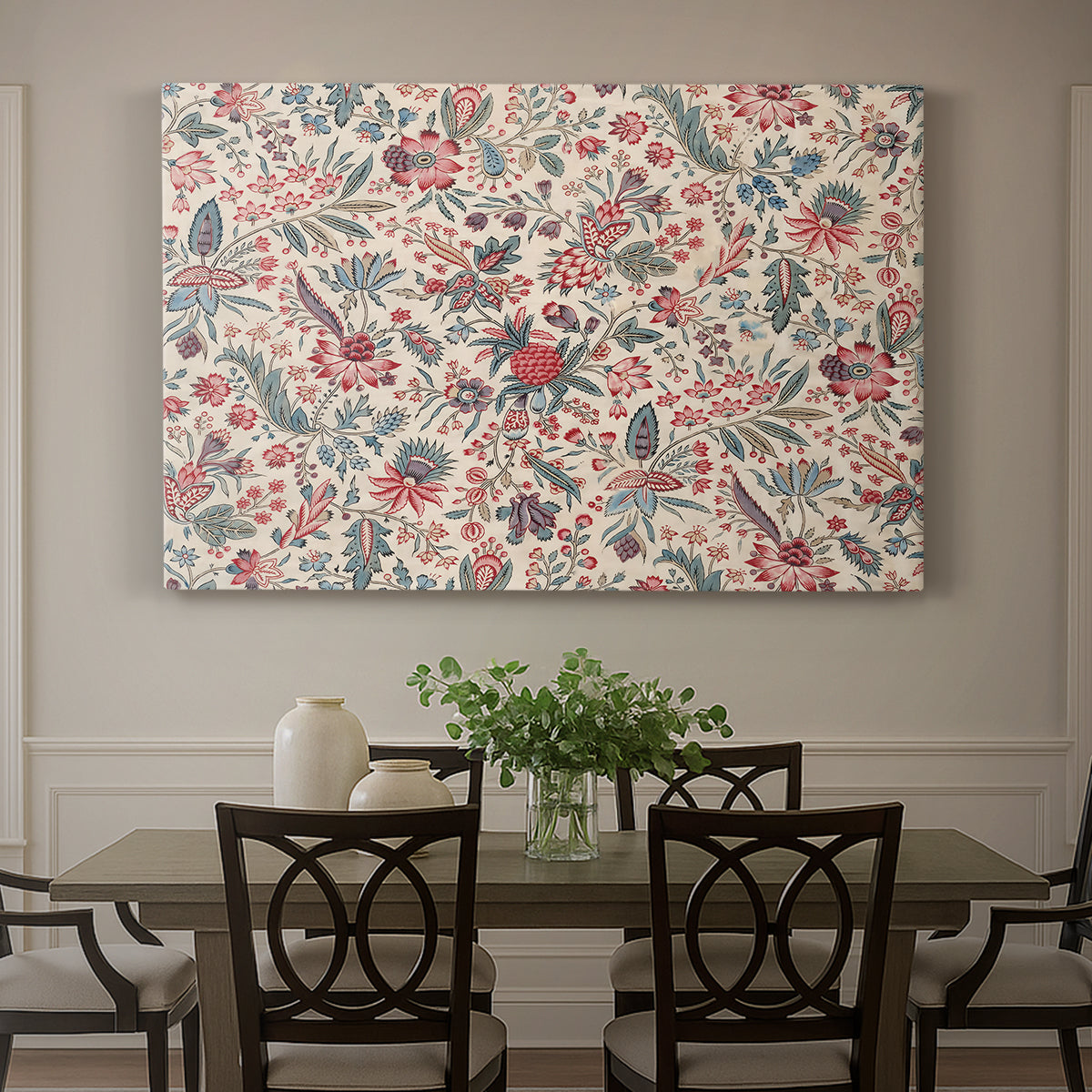 Canvas art print featuring a repeating floral and botanical pattern with intricate detailing on cream background, showcased as a statement wall artwork