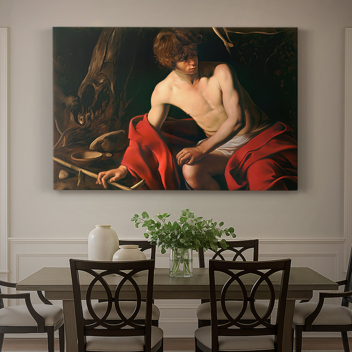 Canvas art print featuring a young Saint John seated in wilderness with staff and red drapery, showcased as a statement wall artwork