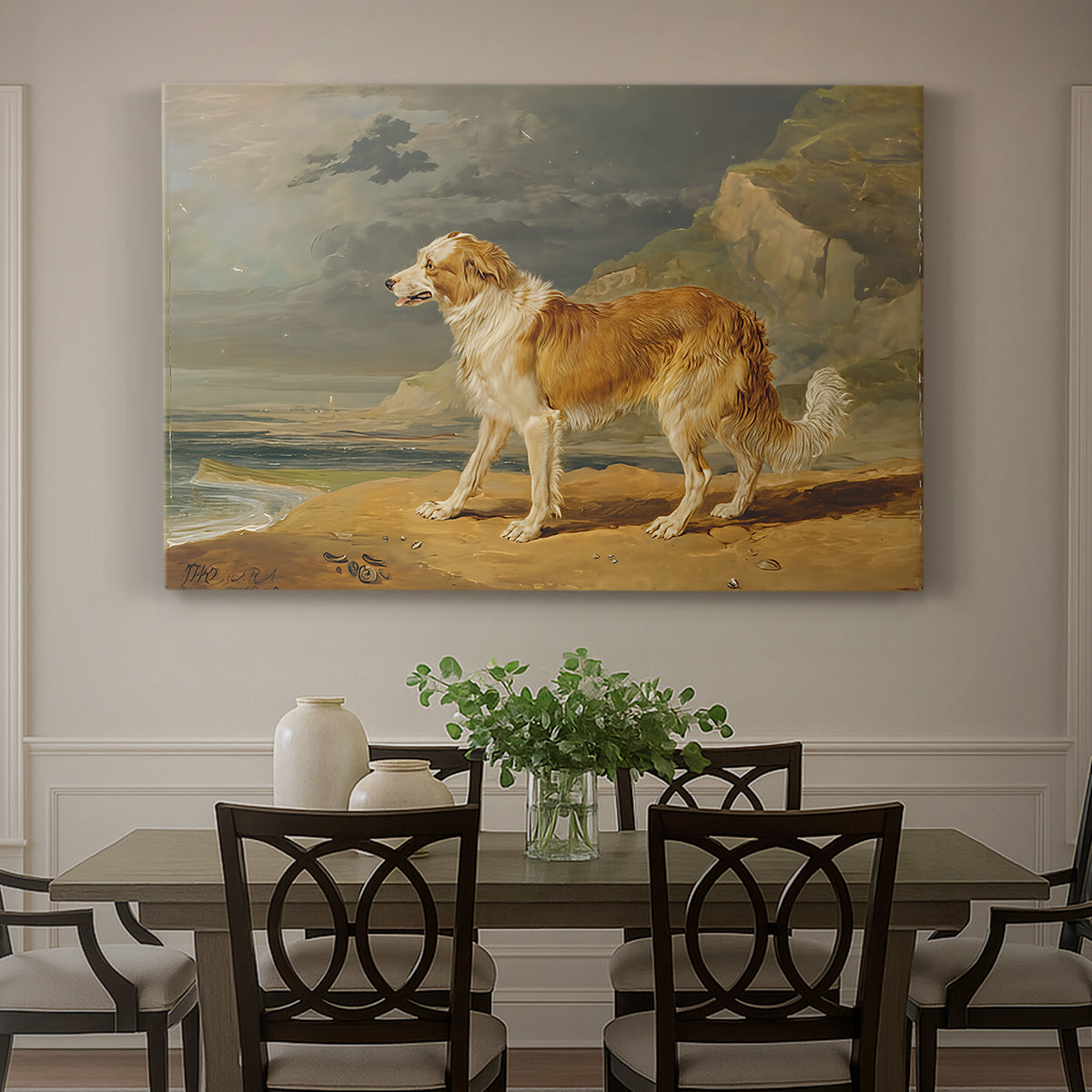 Canvas art print featuring a collie dog standing alert in open landscape, showcased as a statement wall artwork