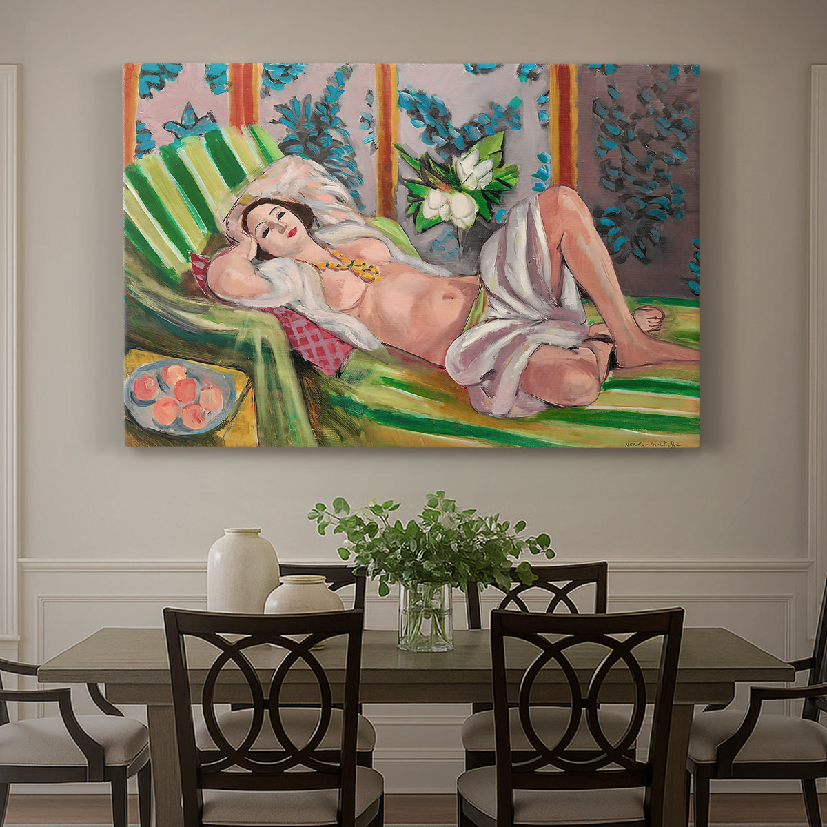 Canvas art print featuring a reclining odalisque surrounded by floral and magnolia patterns, showcased as a statement wall artwork