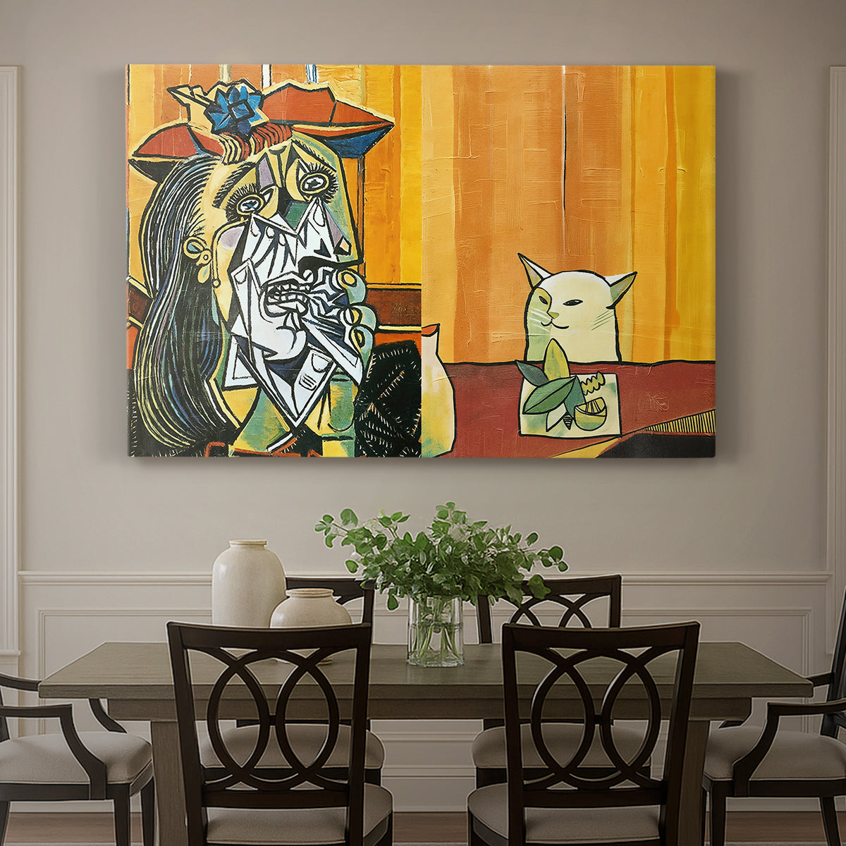 Canvas art print featuring a stylized figure facing cat across table in exaggerated scene, showcased as a statement wall artwork