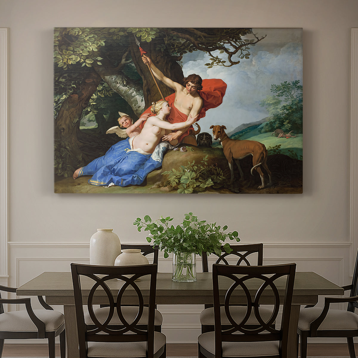 Canvas art print featuring Venus embracing Adonis in a mythological forest scene with Cupid nearby, showcased as a statement wall artwork