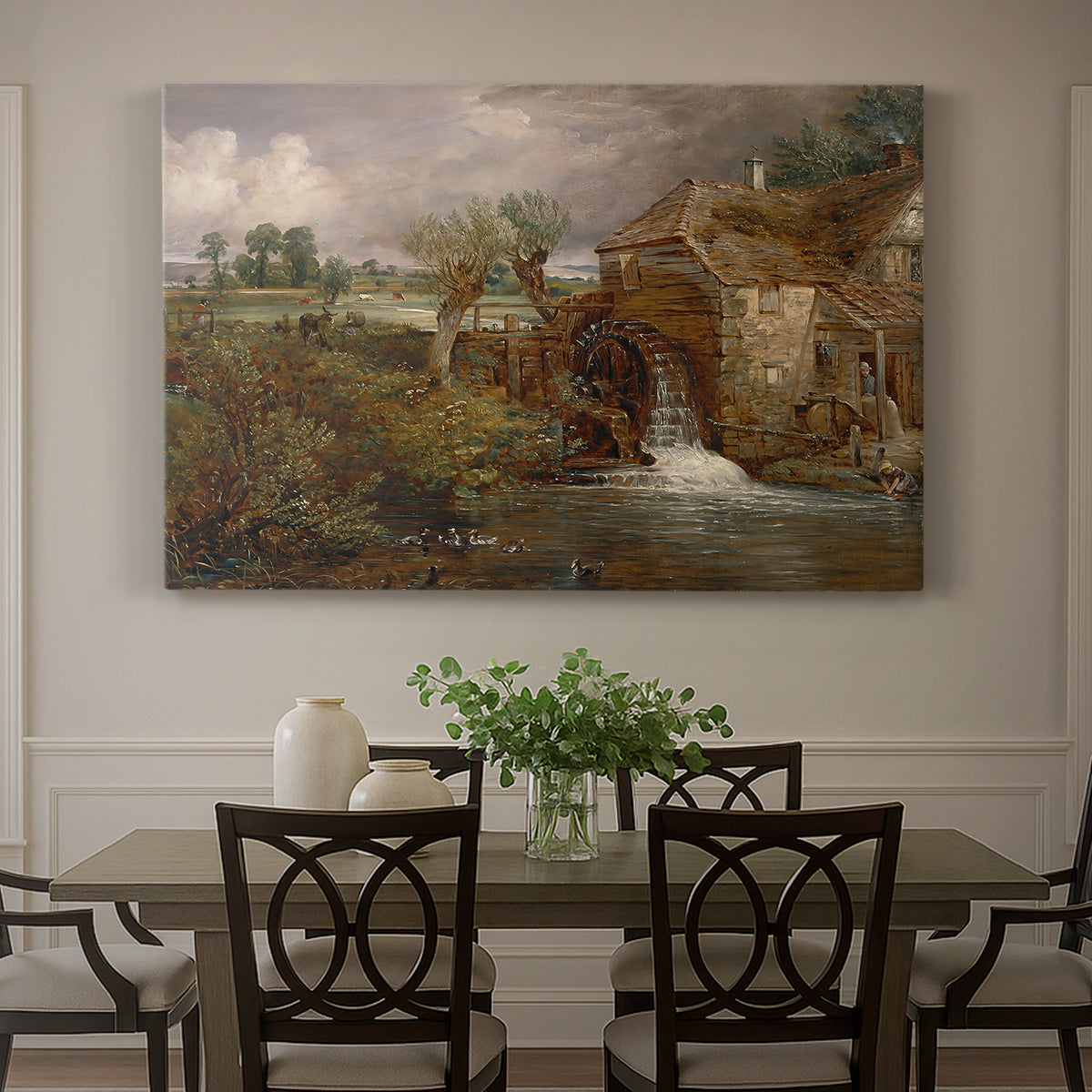 Canvas art print featuring a mill beside water in rural setting, showcased as a statement wall artwork