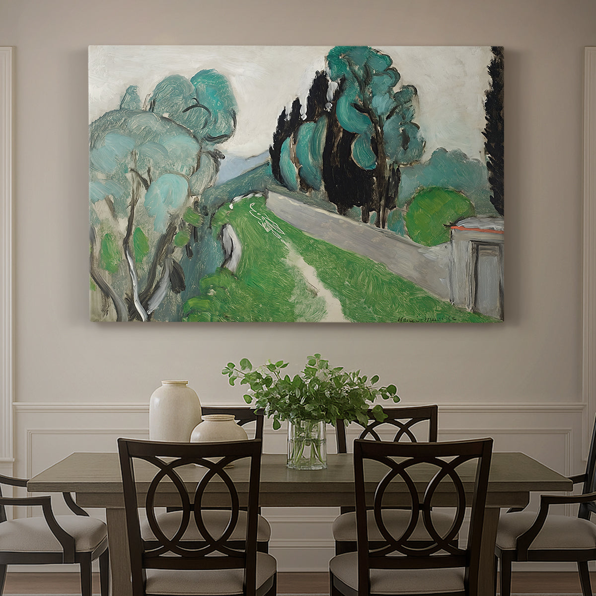 Canvas art print featuring a Mediterranean landscape with cypresses, olive trees, and rolling terrain, showcased as a statement wall artwork