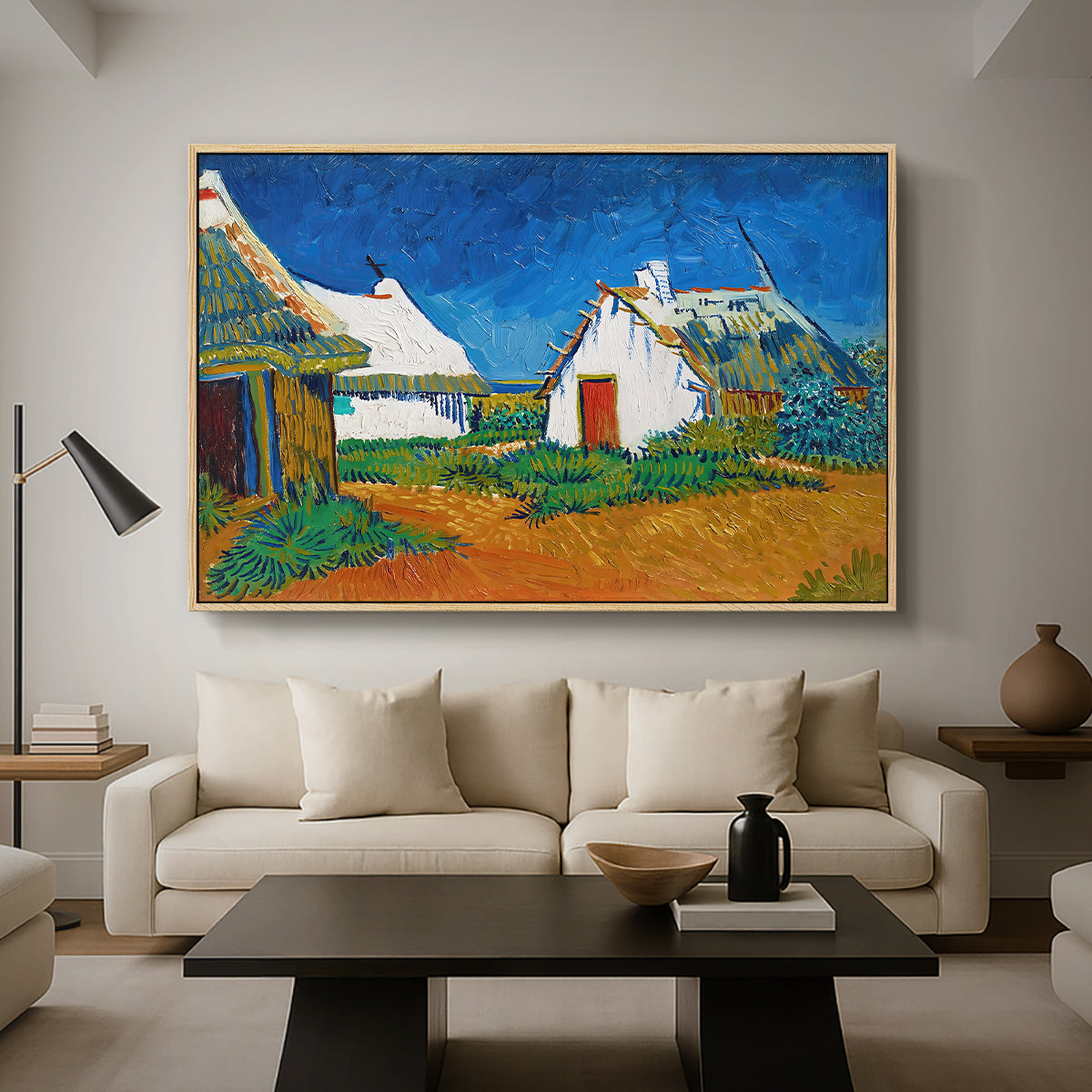 Three White Cottages at Saintes-Maries, 1888 - Floater Framed Canvas Print