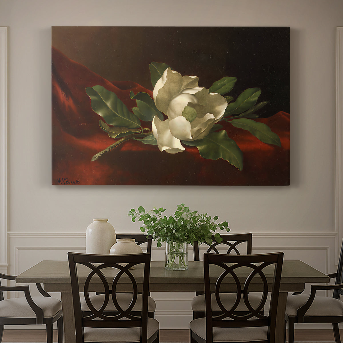 Canvas art print featuring a white magnolia bloom resting on red velvet surface, showcased as a statement wall artwork