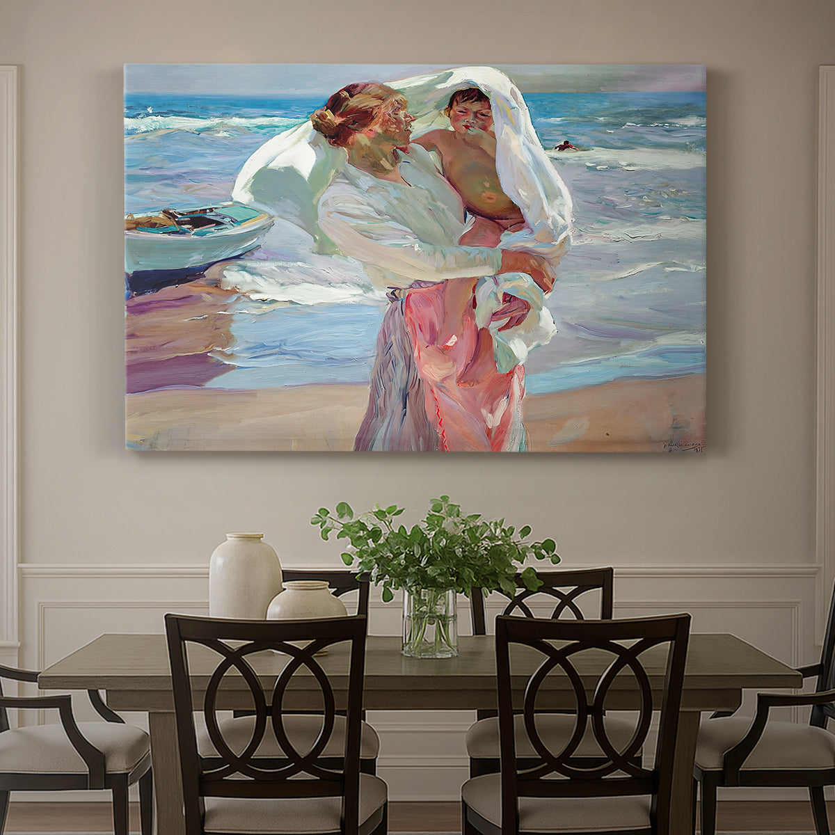 Canvas art print featuring figures standing on beach drying off after swimming in sunlight, showcased as a statement wall artwork