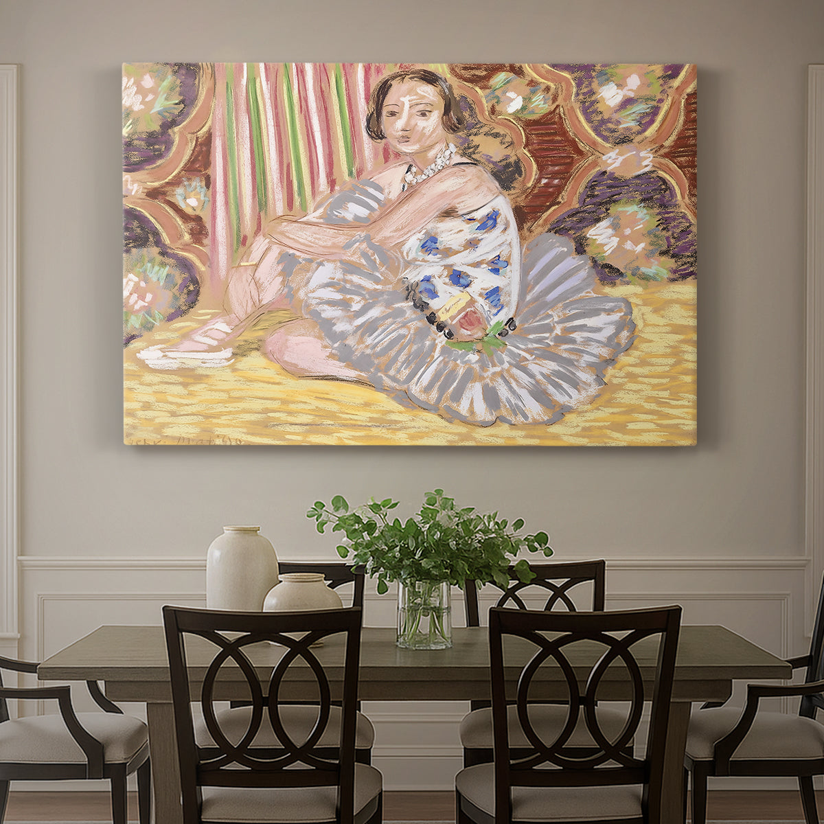 Canvas art print featuring a dancer figure posed in a decorative interior, showcased as a statement wall artwork