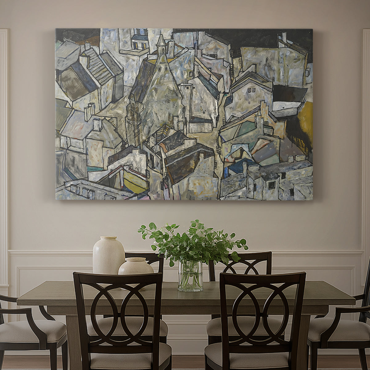 Canvas art print featuring clustered geometric houses forming dense urban landscape with sharp angles, showcased as a statement wall artwork