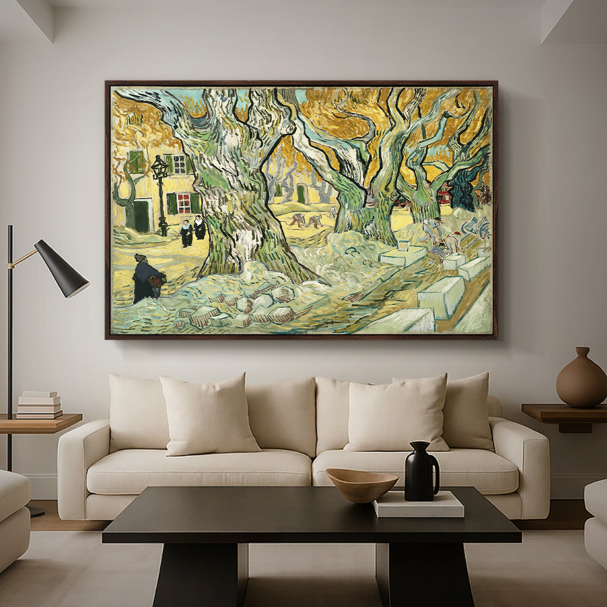 The Large Plane Trees (Road Menders at Saint-Rémy), 1889 - Floater Framed Canvas Print