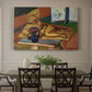 Canvas art print featuring a still life with a small sculpture and Persian vase on a table, showcased as a statement wall artwork