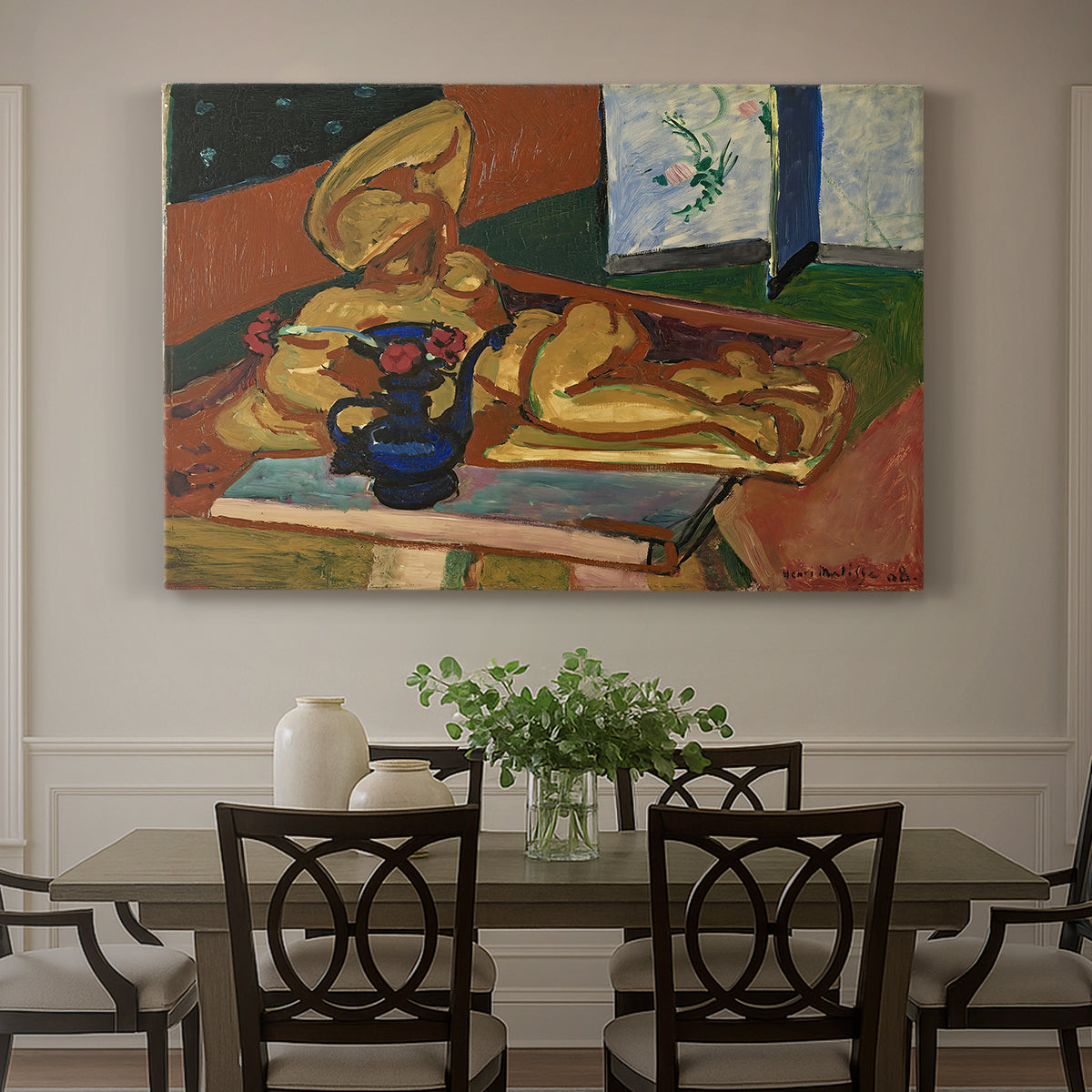 Canvas art print featuring a still life with a small sculpture and Persian vase on a table, showcased as a statement wall artwork