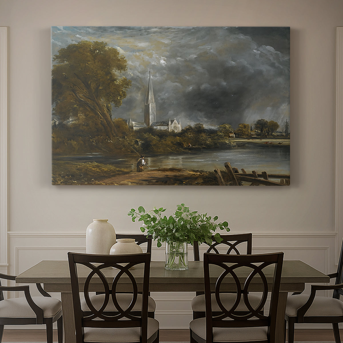 Canvas art print featuring a cathedral viewed across meadow with water, showcased as a statement wall artwork