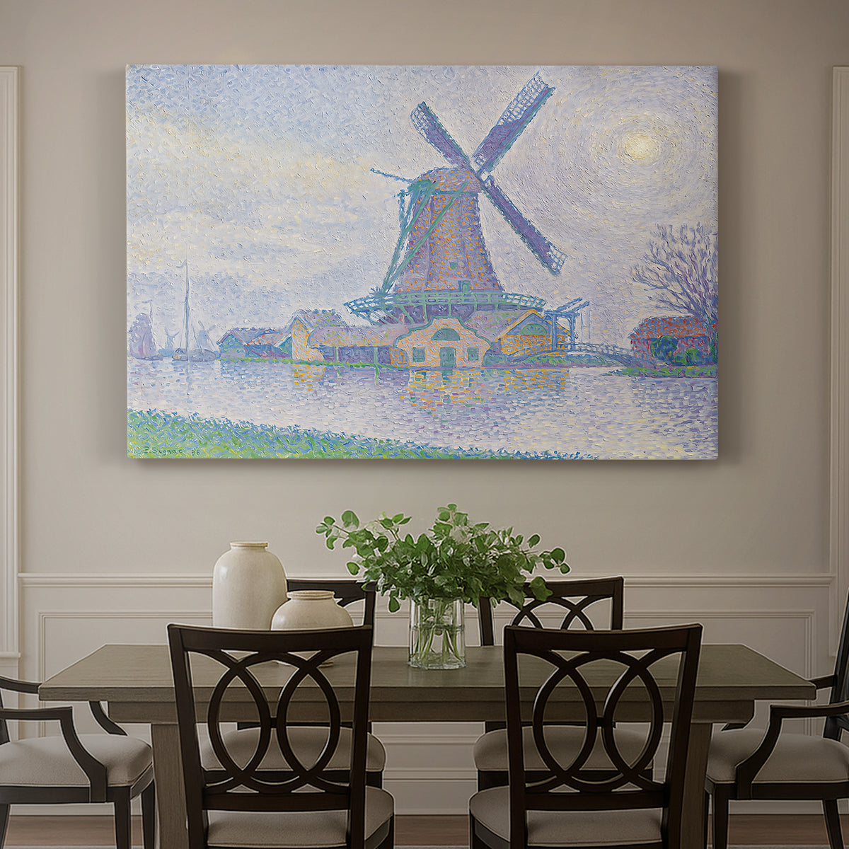 Canvas art print featuring a windmill beside water in quiet town landscape, showcased as a statement wall artwork