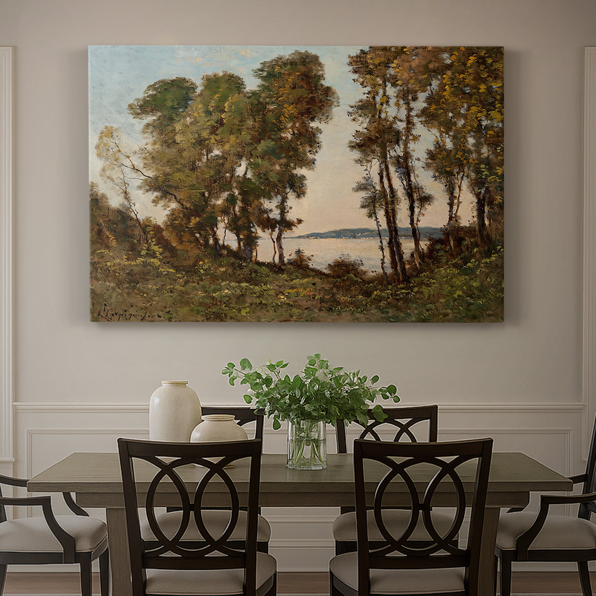 Canvas art print featuring a riverbank lined with trees and vegetation beside calm flowing water, showcased as a statement wall artwork