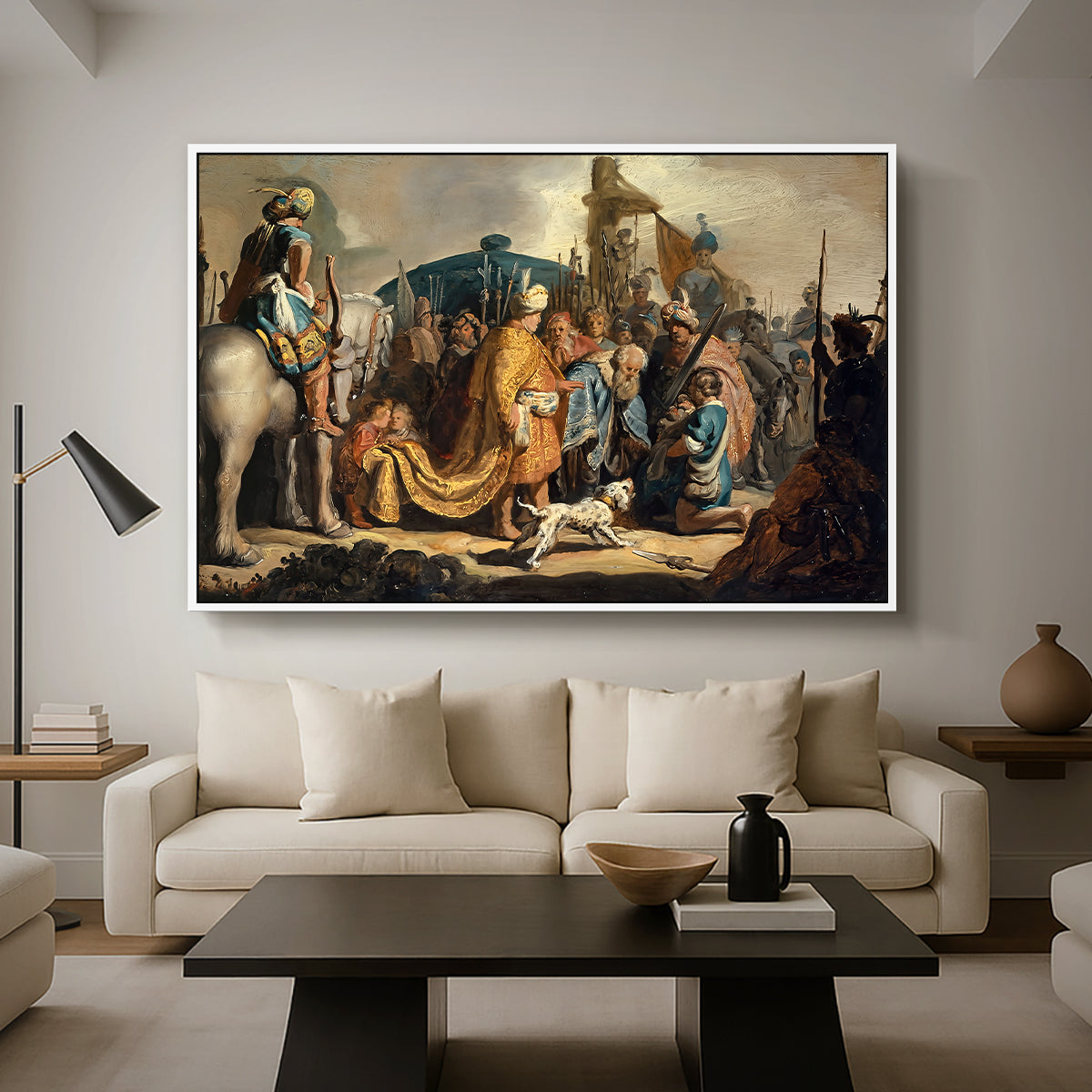 David with Goliath's Head in front of Saul, for Rembrandt, 1627 - Floater Framed Canvas Print