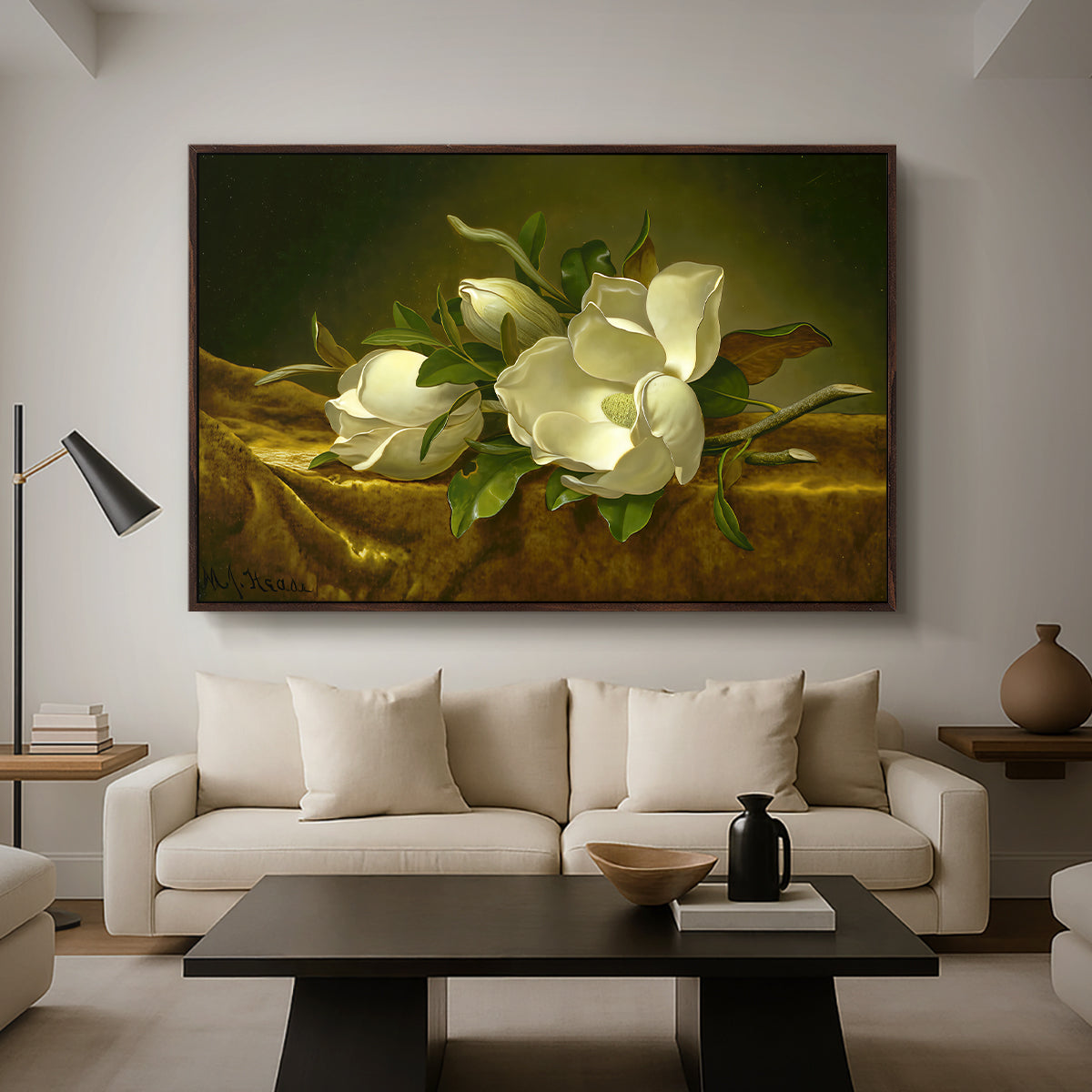 Magnolias on Gold Velvet Cloth, c. 1888-1890 - Floater Framed Canvas Print