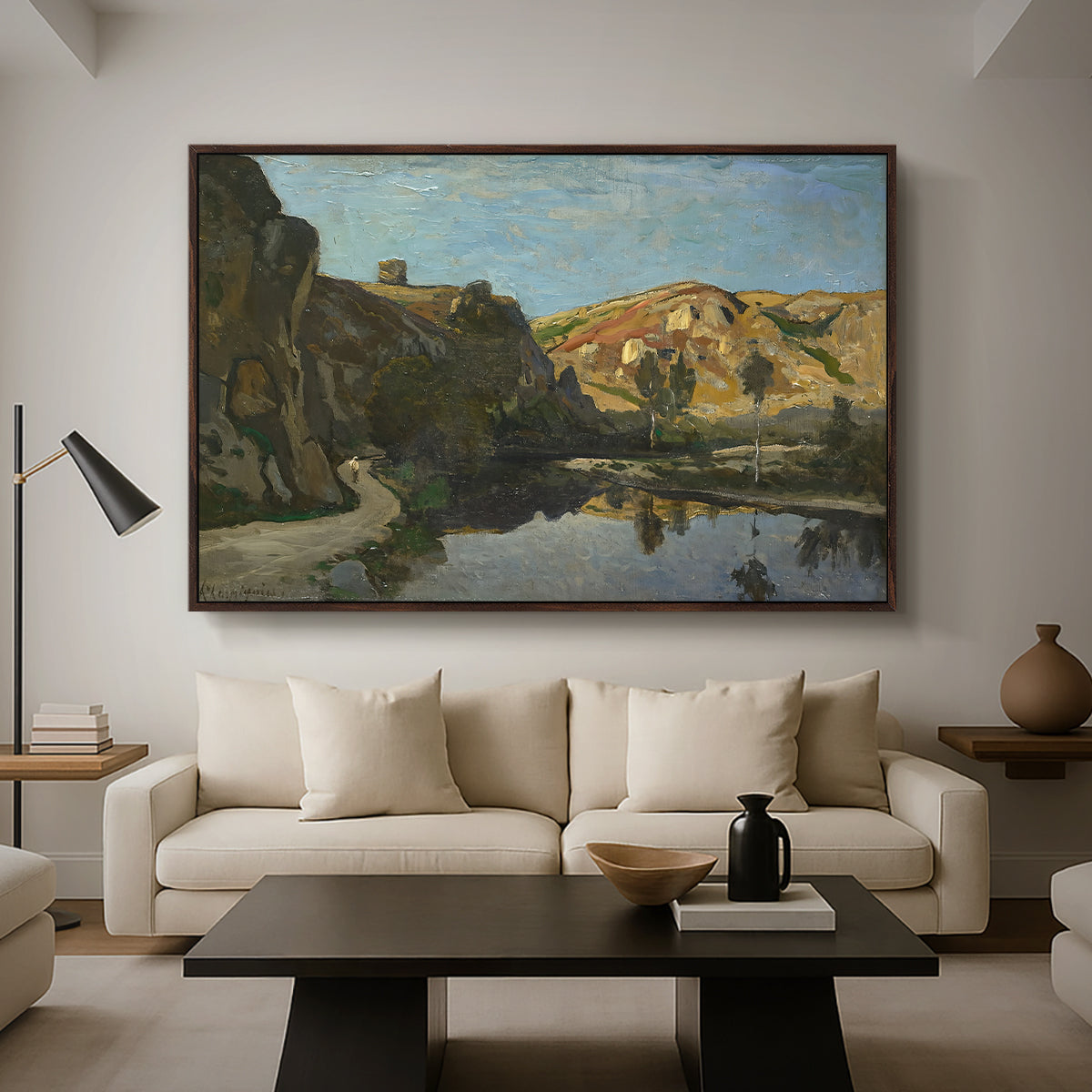 River Landscape with Cliffs, c. 1850-1860 - Floater Framed Canvas Print