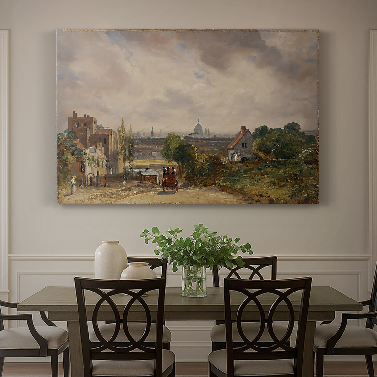 Canvas art print featuring a small cottage among trees in rural setting, showcased as a statement wall artwork