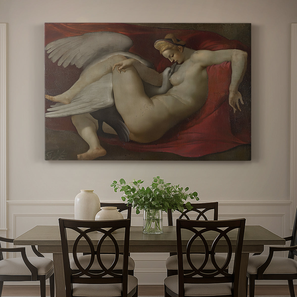 Canvas art print featuring a reclining female figure interacting with swan in mythological setting, showcased as a statement wall artwork