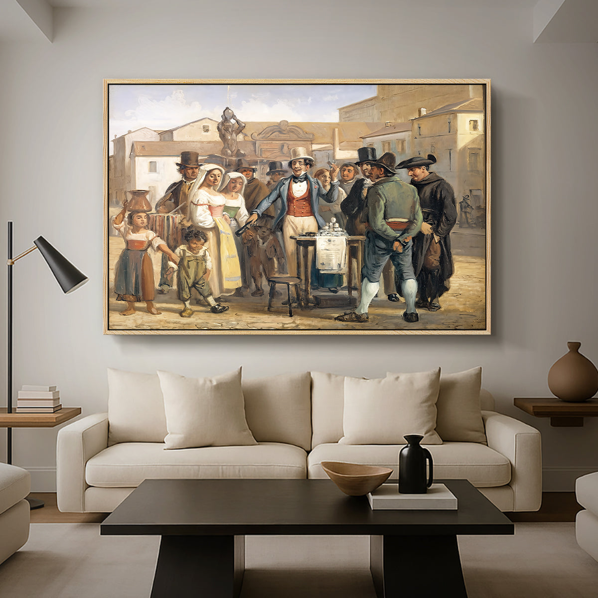 A Charlatan Selling Blacking in the Piazza Barberini in Rome, c. 1840-1849 - Floater Framed Canvas Print